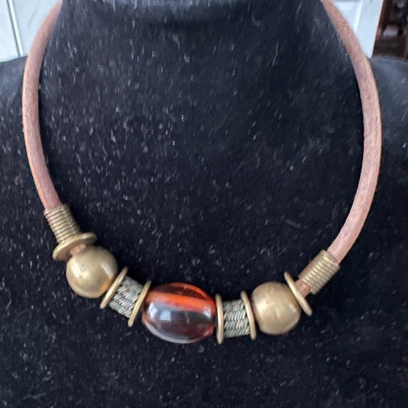 Vintage Bohemian Leather Bead Choker Necklace Women's 1970s - Picture 2 of 6